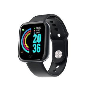 Black Y68 smart watch with silicone strap showing health data on a square color display