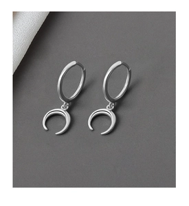 Detailed close-up of silver crescent moon hoop earrings with polished S925 sterling silver