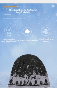 Detail of warm winter knit beanie showing reindeer patterns and thermal fleece lining texture