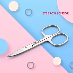 Curved stainless steel eyebrow scissors with a silver matte finish for precise grooming