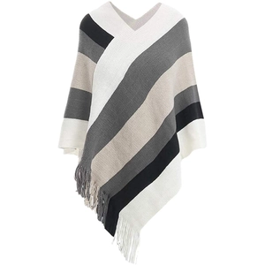 Women's V-neck knit poncho cape with diagonal stripes and tassels in a neutral color palette