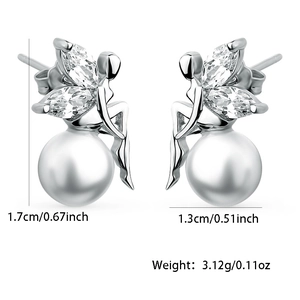 Macro detail of S925 silver fairy pearl earrings with marquise zircon, size 1.7x1.3cm