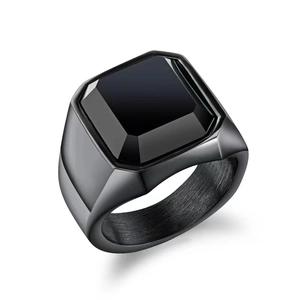 Men's matte black titanium steel signet ring featuring a large square black gemstone