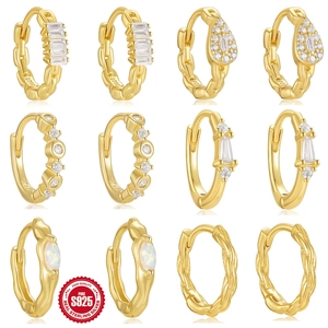 S925 Sterling Silver Hoop Earrings For Women Gold Plated Geometric Rhinestone Artificial Pearl Huggie Earrings Commute Jewelry