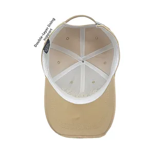 Detail view of the beige baseball cap showing double-layer lining and inner sweatband
