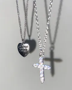 S925 silver necklace with heart pendant engraved Always in my mind and a zircon cross