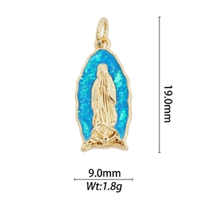 Detail of 18k gold plated Virgin of Guadalupe pendant with blue glitter inlay and dimensions