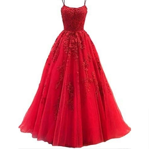 Red spaghetti strap prom gown with floral lace appliques and layered tulle floor-length skirt