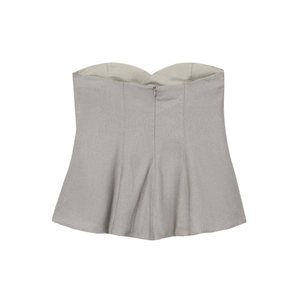Grey linen blend tube top with strapless backless design and peplum hemline