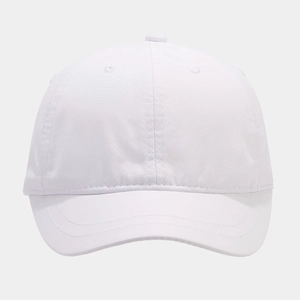 Detail of a white six-panel baseball cap showing stitching and breathable eyelets