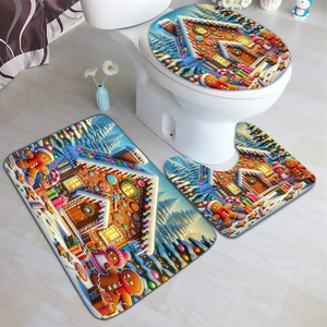 Three-piece Christmas gingerbread house bathroom rug set with festive candy patterns