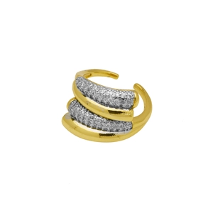 Close-up of two-tone 18k gold plated ring with striped lines and sparkling zircon stones