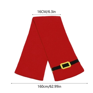 Detail of red Christmas knit scarf with Santa belt motif, sized 160cm by 16cm for winter
