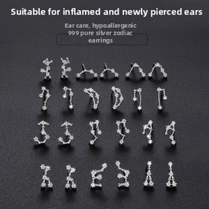 Detail of 12-pair 999 sterling silver zodiac stud earrings set with zircon stones