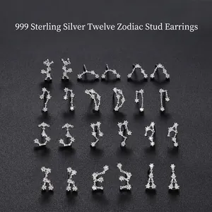 999 Sterling Silver Zodiac Constellation Stud Earrings Minimalist Dainty Cubic Zirconia Jewelry For Women Girls