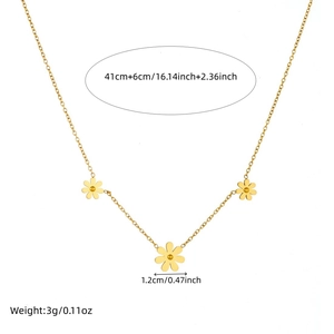 Gold plated stainless steel necklace with three flower pendants and size specifications