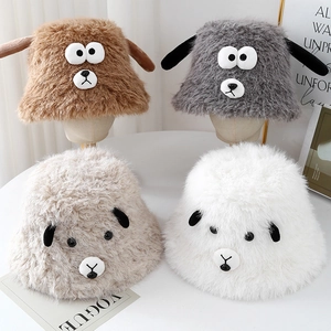 Cute thick plush bucket hats with cartoon animal ears in brown grey beige and white