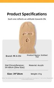 Detailed technical specifications for a knitted balaclava with acrylic fabric material and size guide