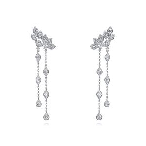 Detail view of silver tassel earrings with marquise and round cubic zirconia stones