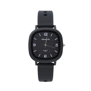 Vintage square quartz watch for women with black silicone strap and patterned dial