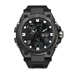 Waterproof sports watch with black silicone strap and dual digital-analog display
