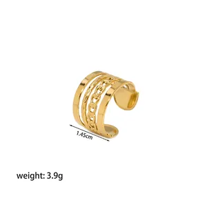 Detail view of 18K gold plated multi-layered adjustable open ring showing 1.45cm width