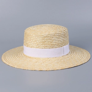 Summer flat top boater straw hat with white ribbon band for beach sun protection