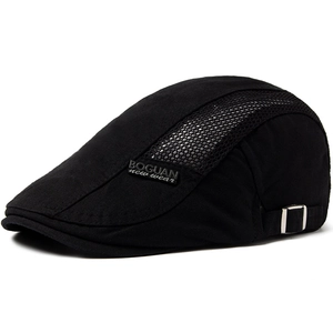 Men's breathable mesh beret cap in black cotton with adjustable metal buckle strap