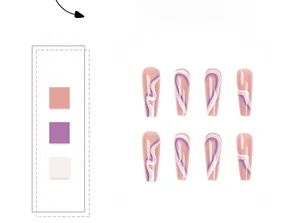 Close-up of long coffin fake nails featuring purple and white wavy swirl line patterns