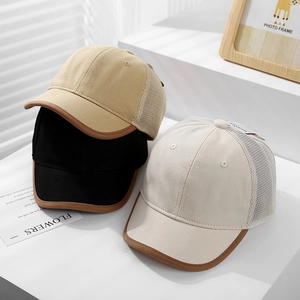 Three minimalist mesh baseball caps in khaki, black, and beige for sun protection