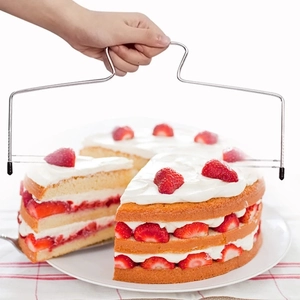 Adjustable stainless steel cake slicer with silver handle for uniform layered dessert cutting
