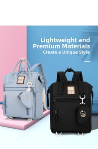 Waterproof nylon mommy backpacks in blue and black with embroidered charms and multiple pockets