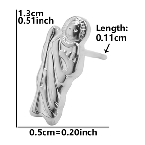 Detailed view of silver religious saint stud earring with size measurements in cm and inch