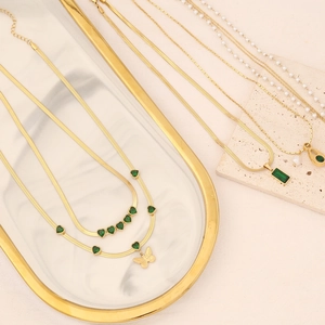 Stainless Steel Emerald Zircon Heart Butterfly Pendant Necklace 18K Gold Plated Artificial Pearl Chain Jewelry For Women