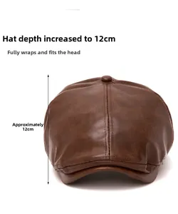 Detailed view showing the 12cm deep crown of this dark brown faux leather beret flat cap