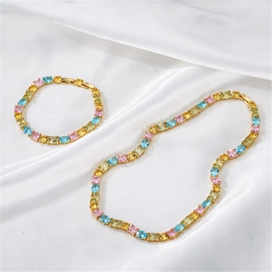 Luxury Copper Multicolor Zirconia Jewelry Set Geometric Inlaid Necklace Bracelet Set For Women Sweet Candy Color Tennis Chain
