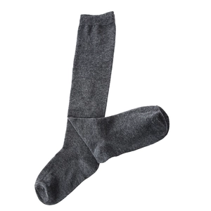 Detail view of dark grey knee-high socks with triple stripes and ribbed cotton texture