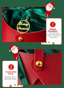 Detail of red leather Christmas gift bag with green velvet lining and gold metal charm