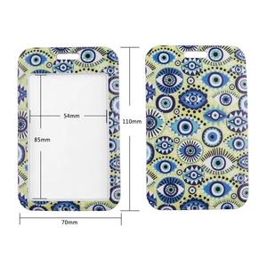 Detailed size chart showing 70x110mm outer and 54x85mm inner Evil Eye card holder dimensions
