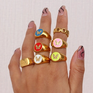 7Pcs vintage 18K gold plated stainless steel butterfly enamel rings set for women