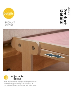 Detail of adjustable wooden cat hammock with solid plywood structure and pink fabric