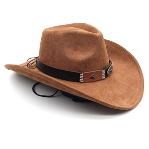 Detail of brown suede cowboy hat featuring leather band with metal studs and logo