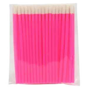 50pcs disposable hollow lip brushes with vibrant pink handles in transparent pack