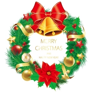 Festive Christmas wreath sticker with red bow, gold bells, and Merry Christmas text