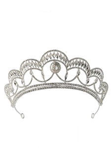 Detailed view of silver bridal tiara featuring intricate floral patterns and shiny crystals