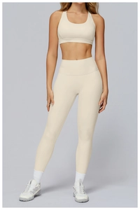 Close-up of high-waist yoga pants with tight abdominal control and premium ribbed fabric