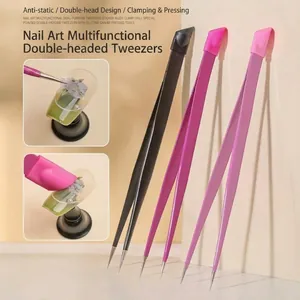 Precision Dual Head Nail Art Tweezers Stainless Steel Anti Static Picking Rhinestone Silicone Pressing Stick Manicure Tools