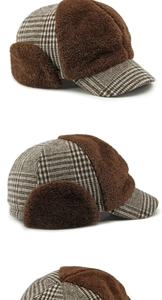 Detailed views of checkered trapper hat featuring warm brown faux fur ear flaps