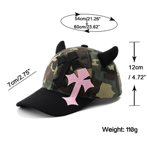 Detailed view of camouflage baseball cap with devil horns and pink cross patches
