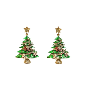 Sparkling Christmas tree earrings with green enamel and gold star on white background